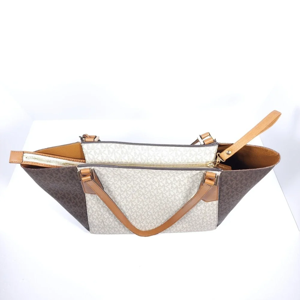 Michael‎ Kors Women Shoulder Tote Bag Purse Handbag Brown Cream Design MK
